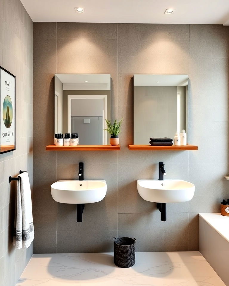 floating shelves for his and her bathroom