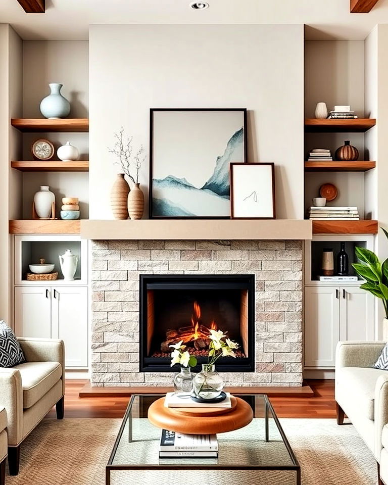 floating shelves with a built in mantel