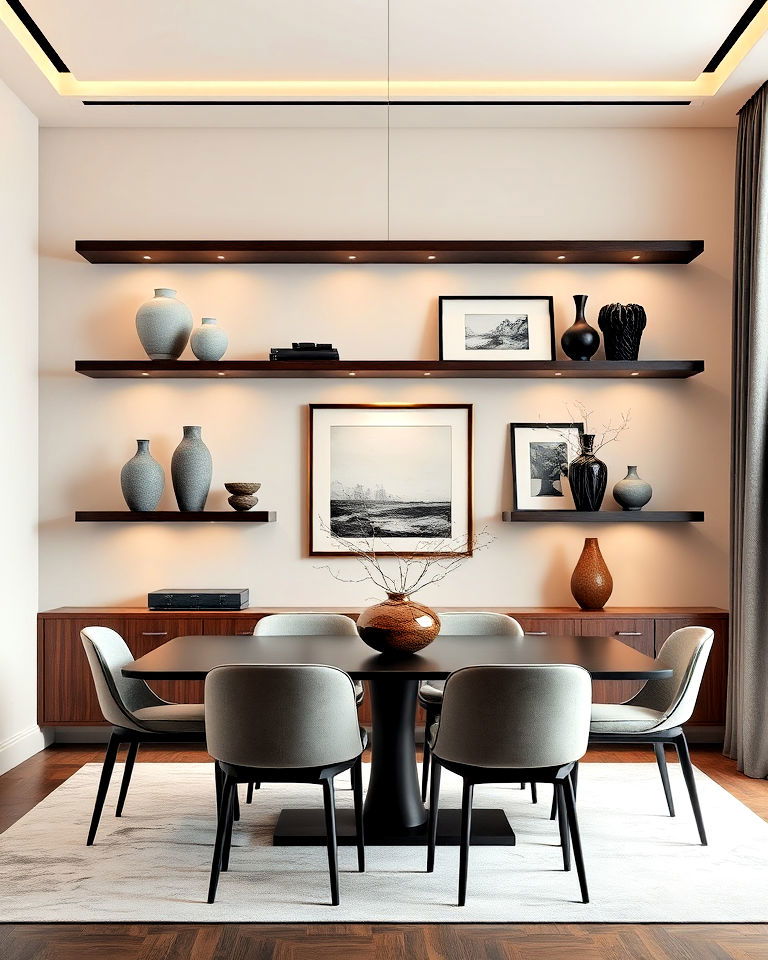 floating shelves with art displays