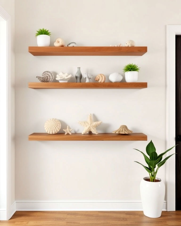 floating shelves with beach decor