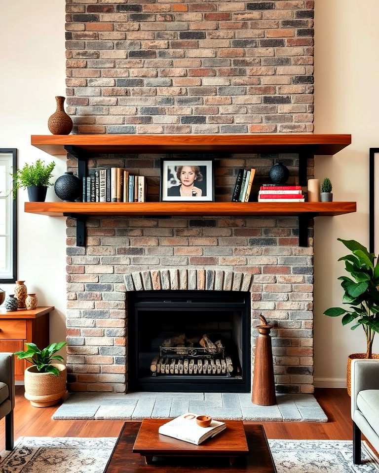 floating shelves with metal brackets for fireplace