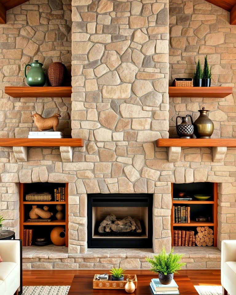 floating shelves with stone accents