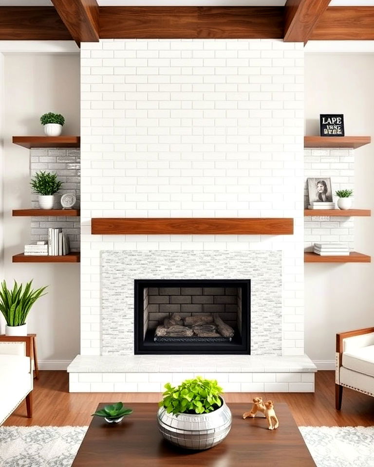 floating shelves with tile backsplash