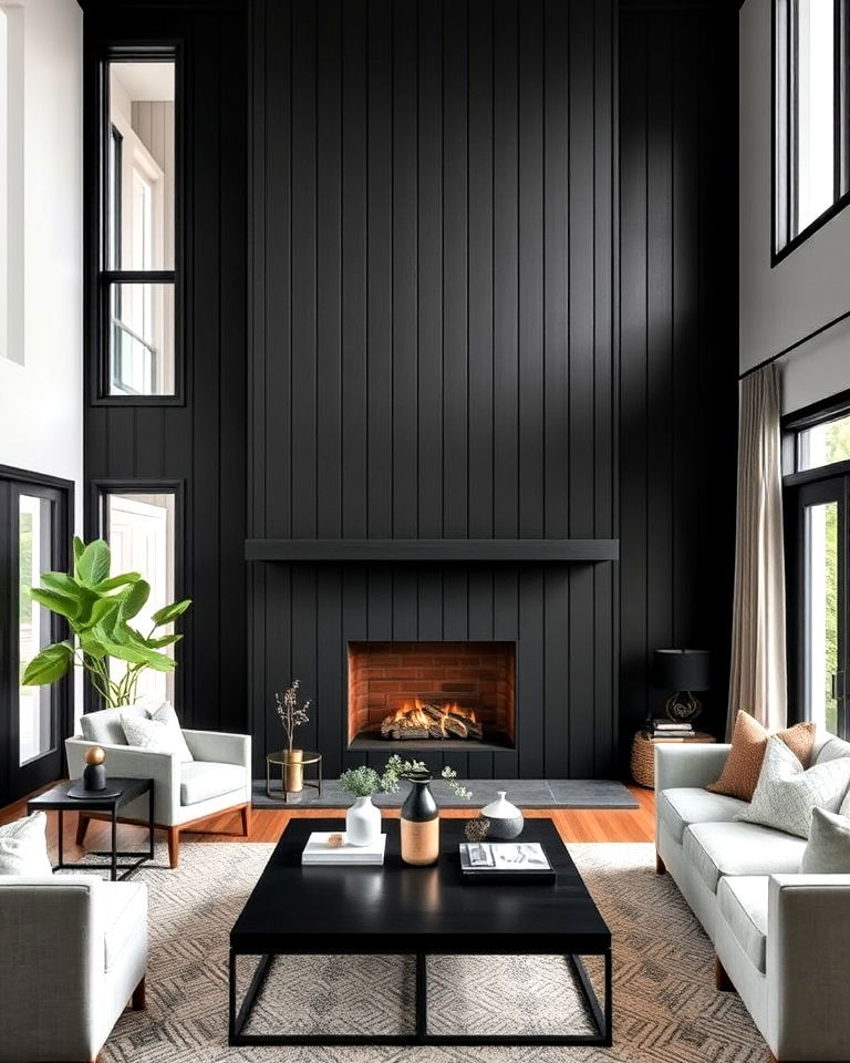 floor to ceiling black shiplap fireplace