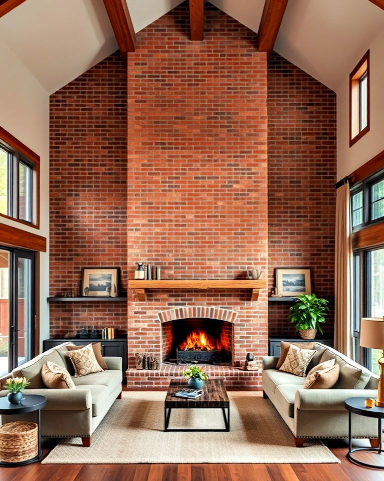 floor to ceiling brick fireplace for rustic living room