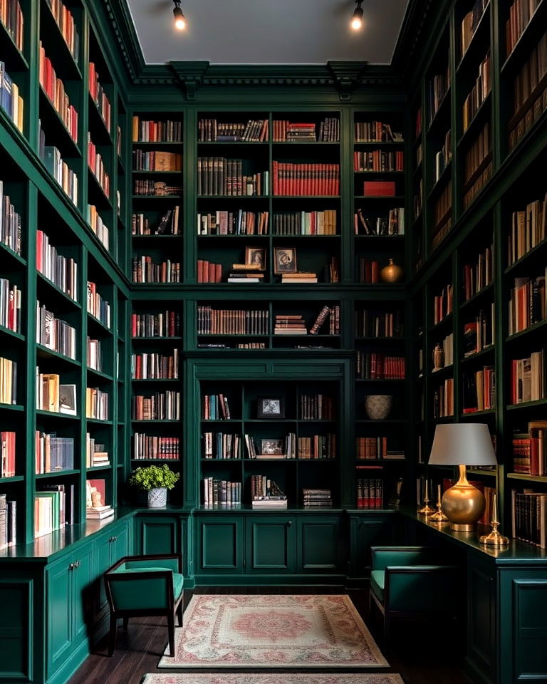 floor to ceiling dark green bookcases