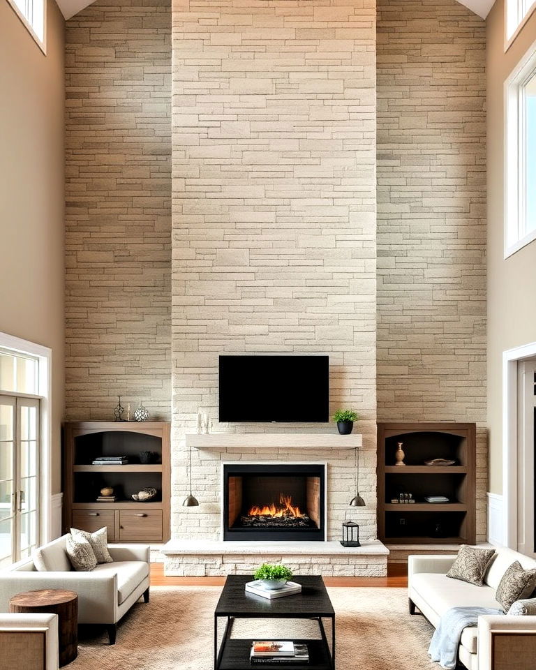 floor to ceiling faux stone fireplace