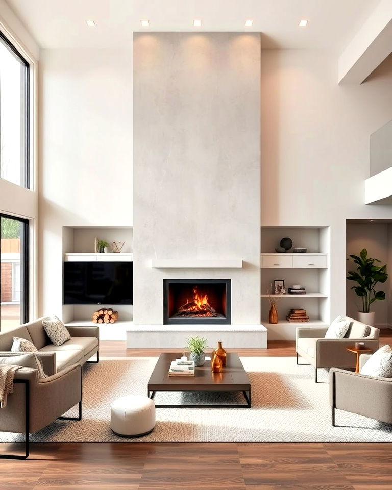 floor to ceiling fireplace in neutral shades