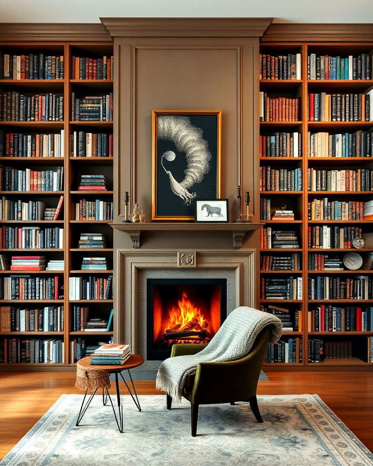 floor to ceiling fireplace shelving for a library feel