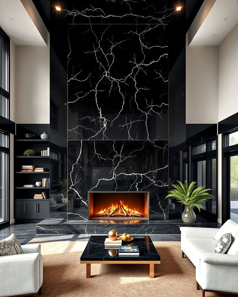 floor to ceiling fireplace with black granite stone