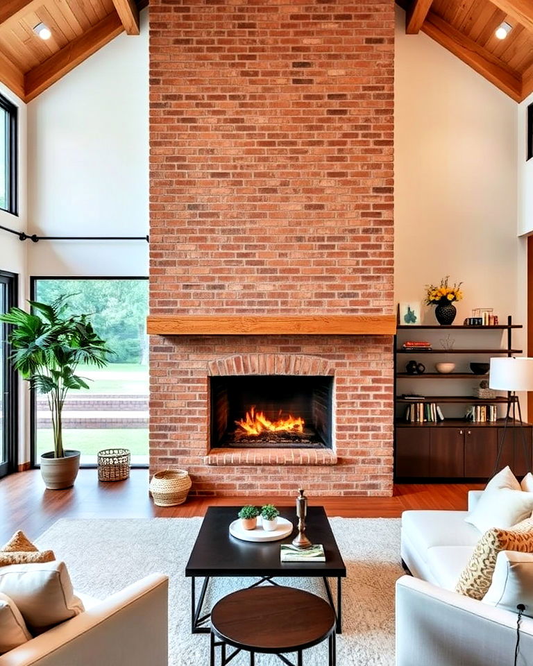 floor to ceiling fireplace with brick facade