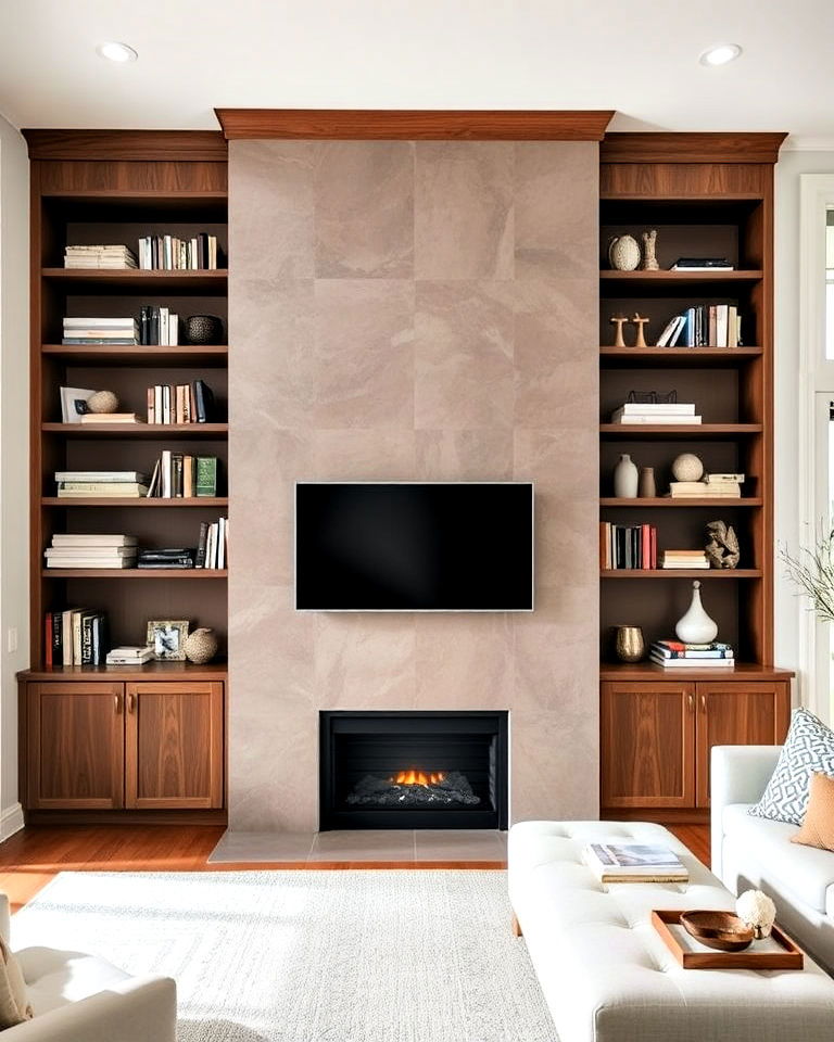 floor to ceiling fireplace with built in shelving