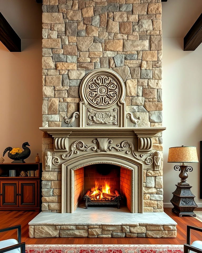 floor to ceiling fireplace with carved stone details