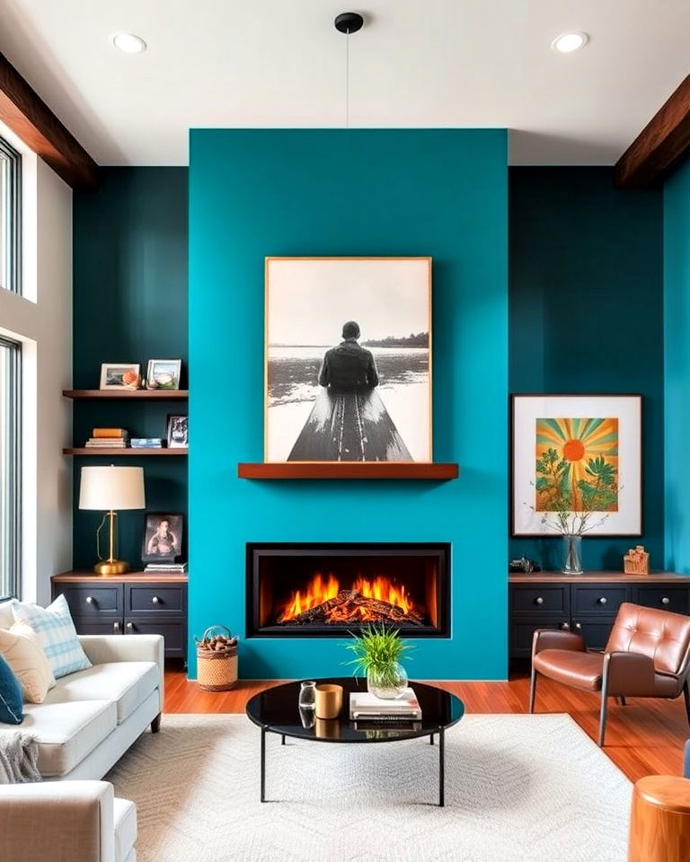 floor to ceiling fireplace with color pop