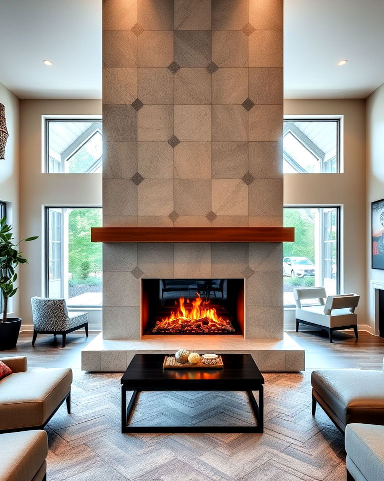 floor to ceiling fireplace with geometric design