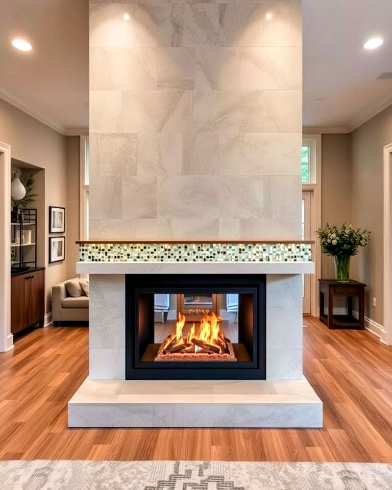 floor to ceiling fireplace with glass mosaic accents