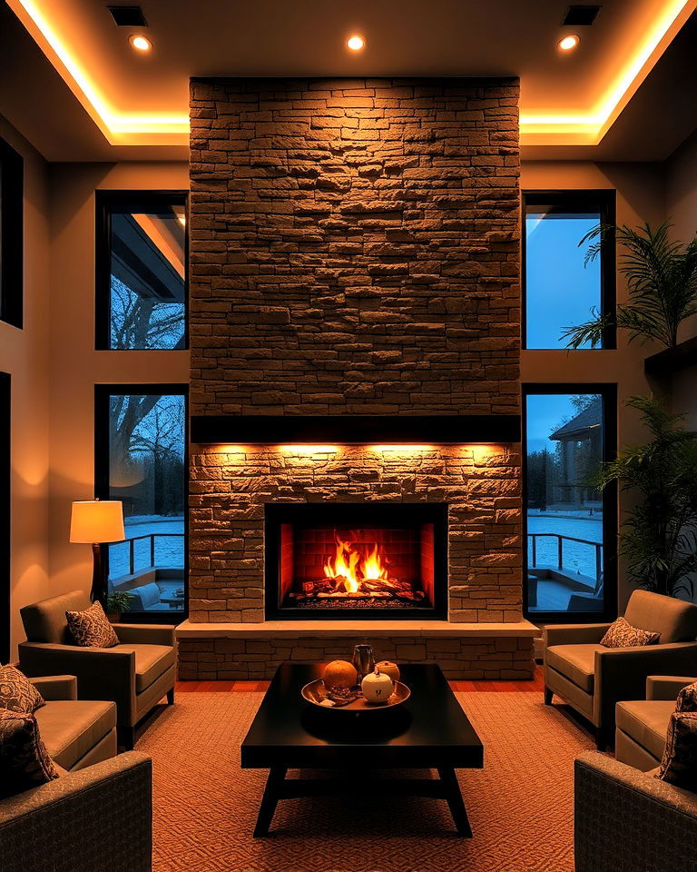 floor to ceiling fireplace with led lighting