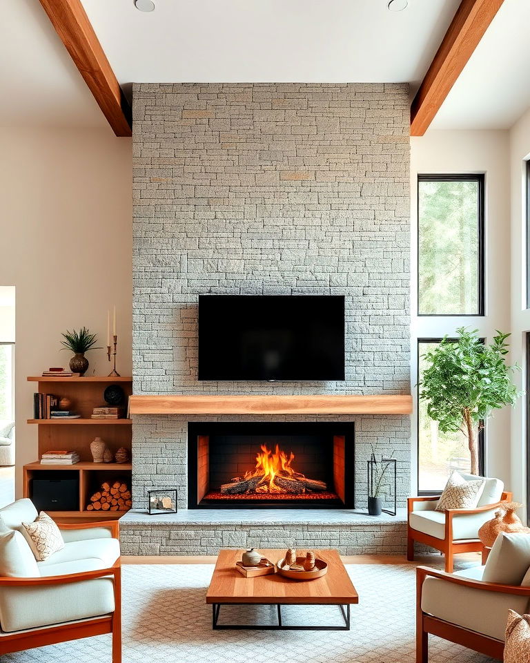 floor to ceiling fireplace with natural wood surround