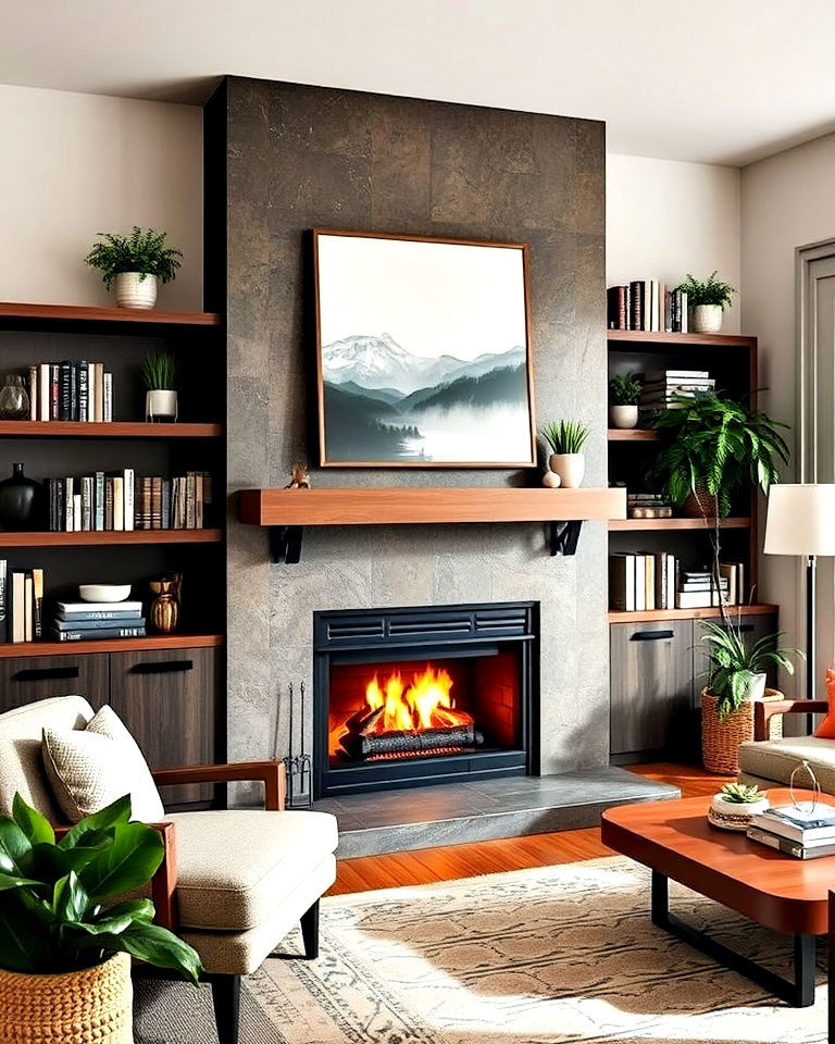 floor to ceiling fireplace with open shelves