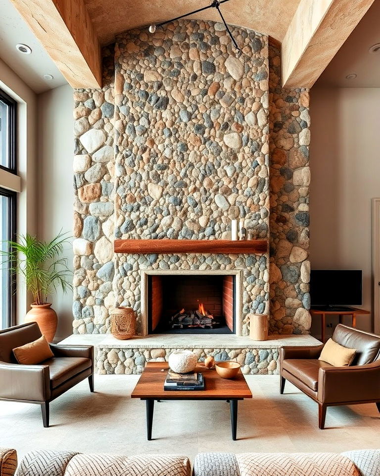 floor to ceiling fireplace with rustic river stones