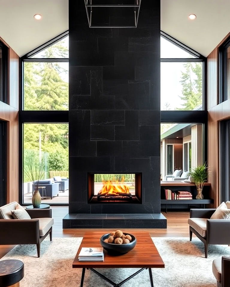 floor to ceiling fireplace with slate panels