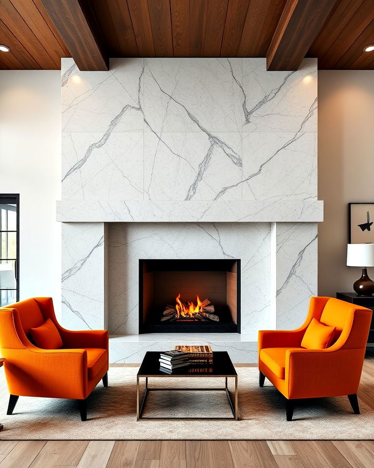 floor to ceiling quartz fireplace surround