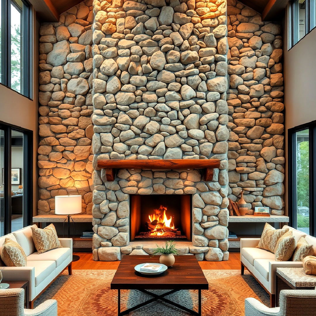 floor to ceiling river rock design fireplace