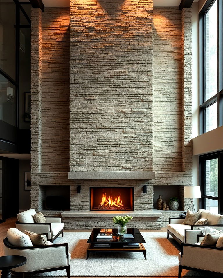 floor to ceiling stacked stone fireplace