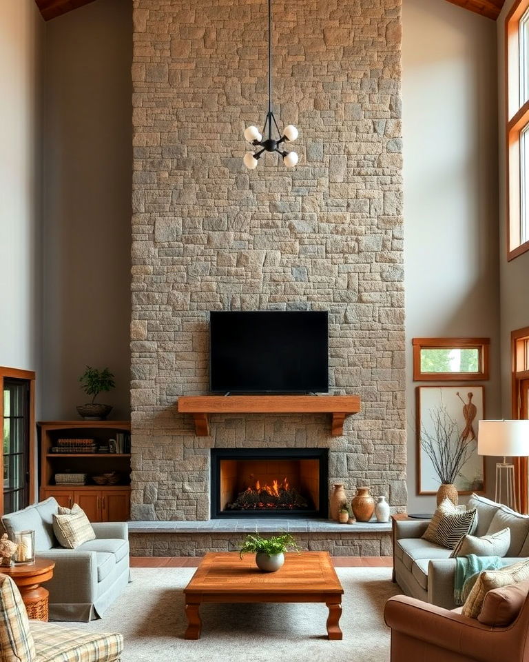 floor to ceiling stone fireplace living room