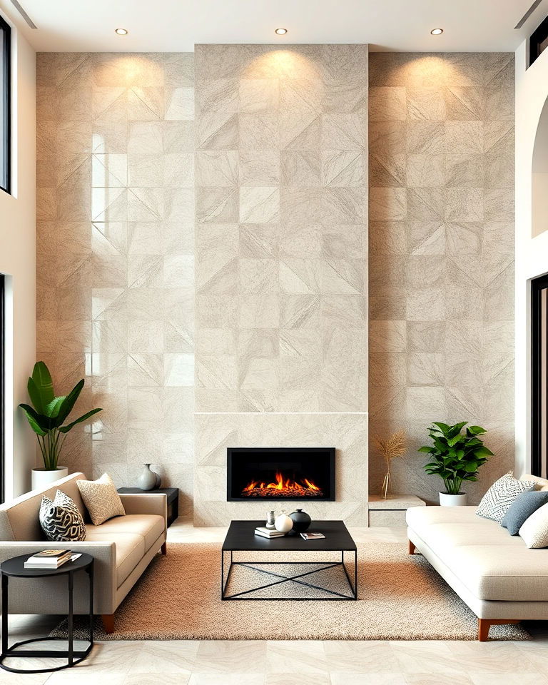 floor to ceiling tile fireplace accent wall