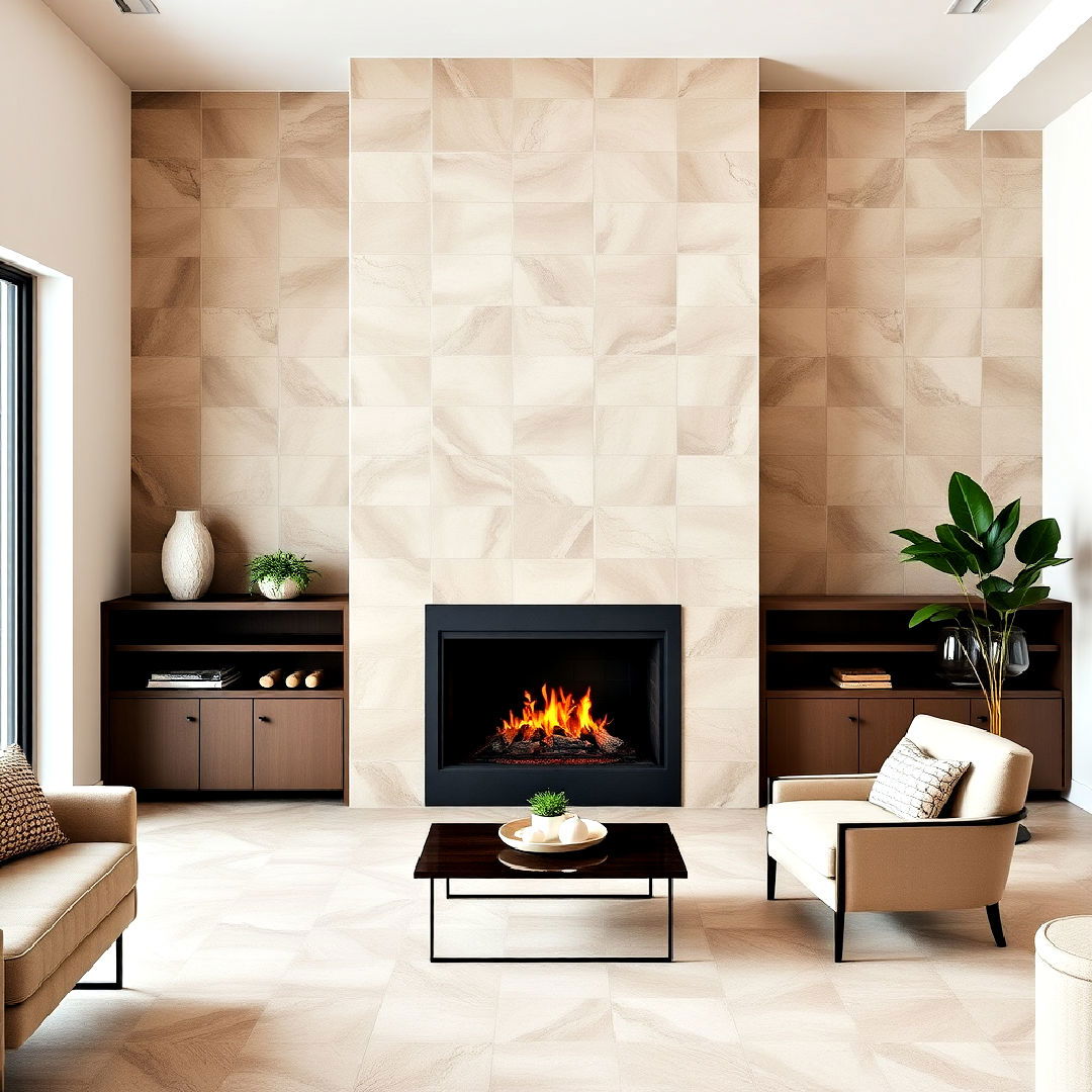 floor to ceiling tile surround off center fireplace