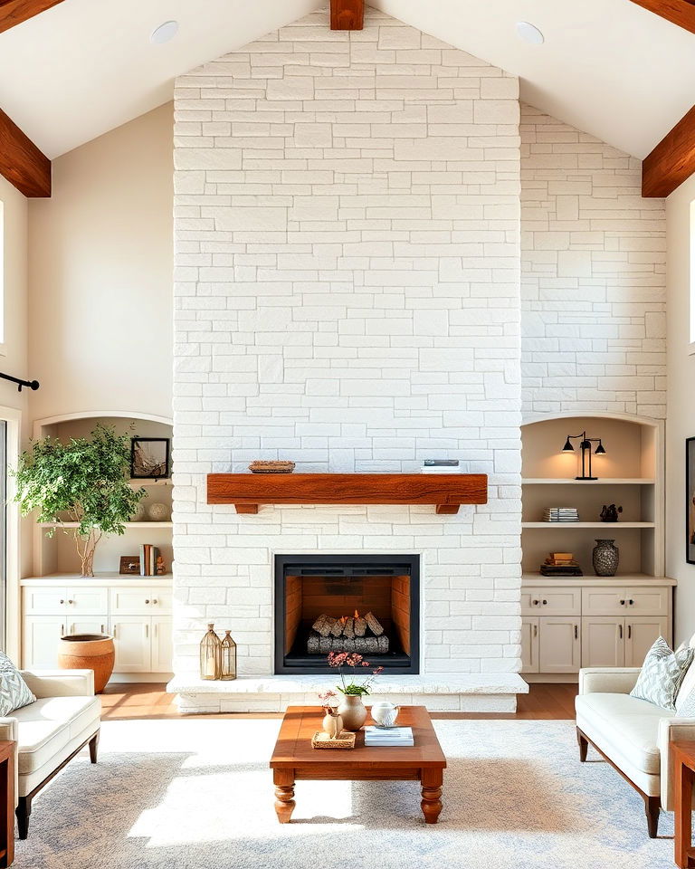 floor to ceiling white washed stone fireplace