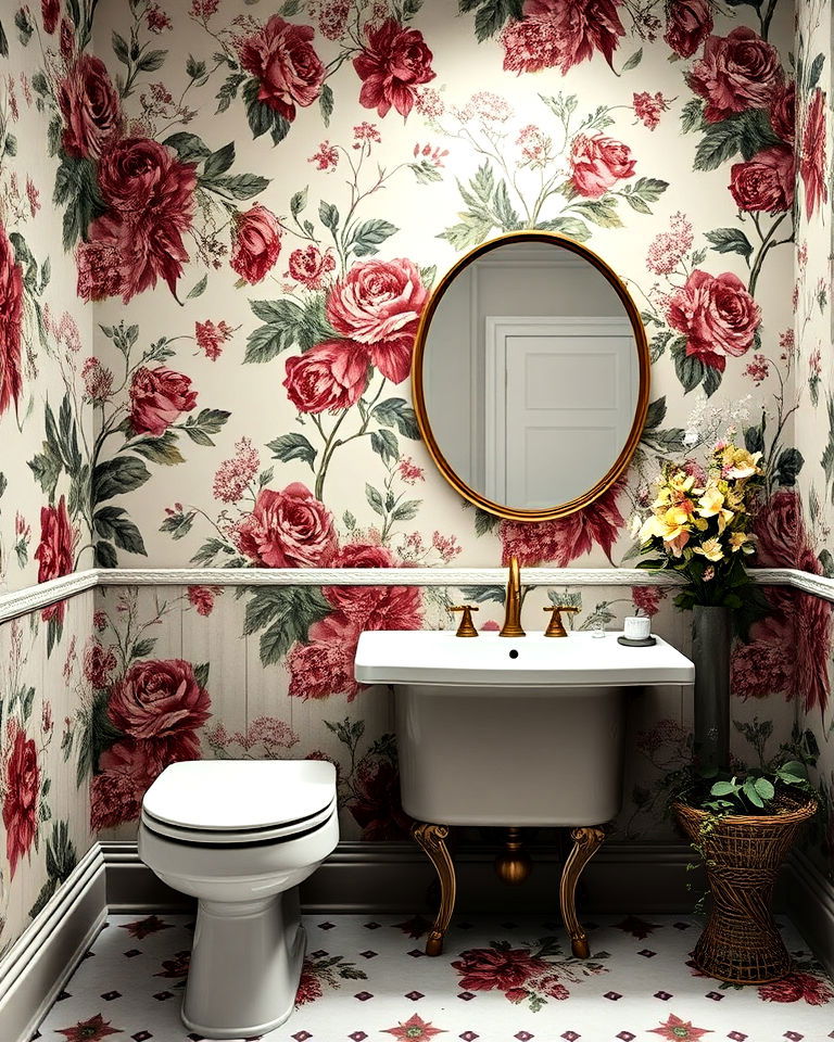 floral wallpaper for victorian bathroom interiors