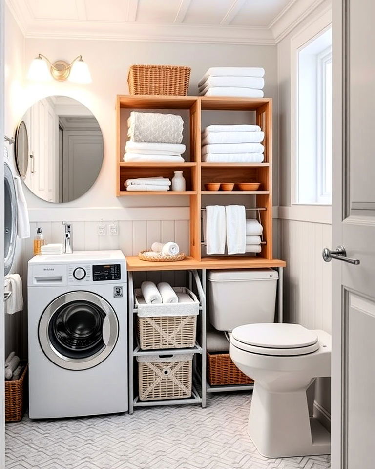 folding storage for multi use bathrooms