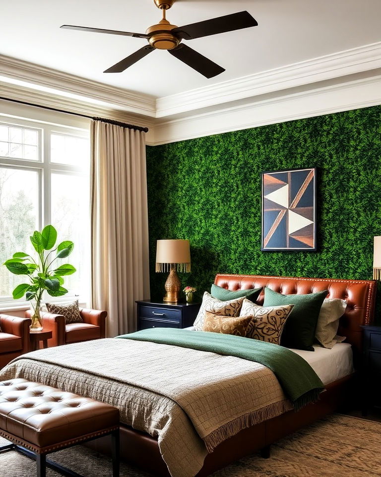 forest green bedroom accent wall with brown leather furniture