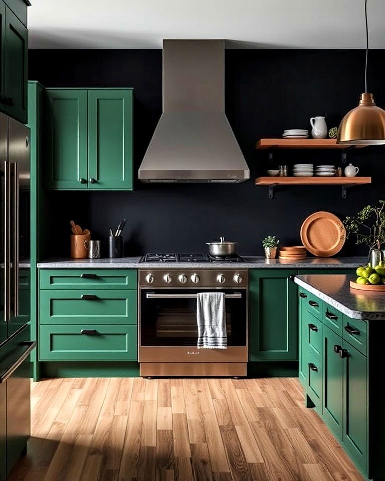 forest green kitchen cabinetry with black accent wall