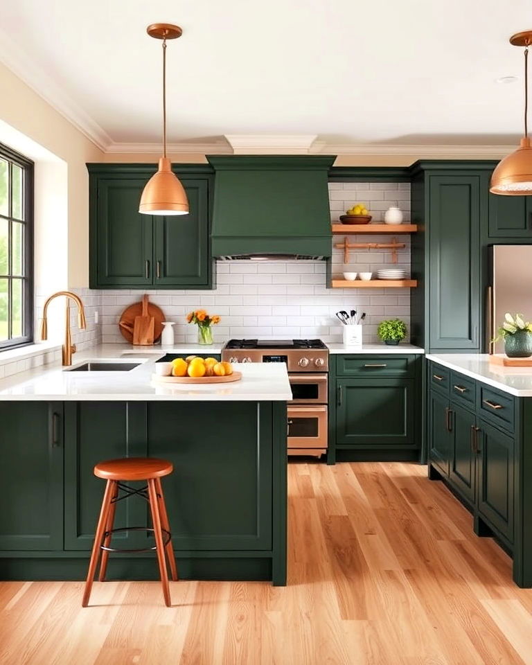 forest green kitchen cabinets with light oak floors