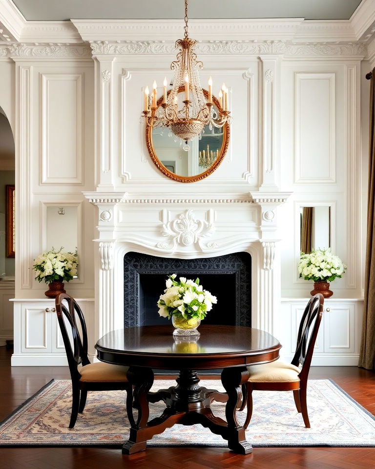 formal dining room with ornate white fireplace