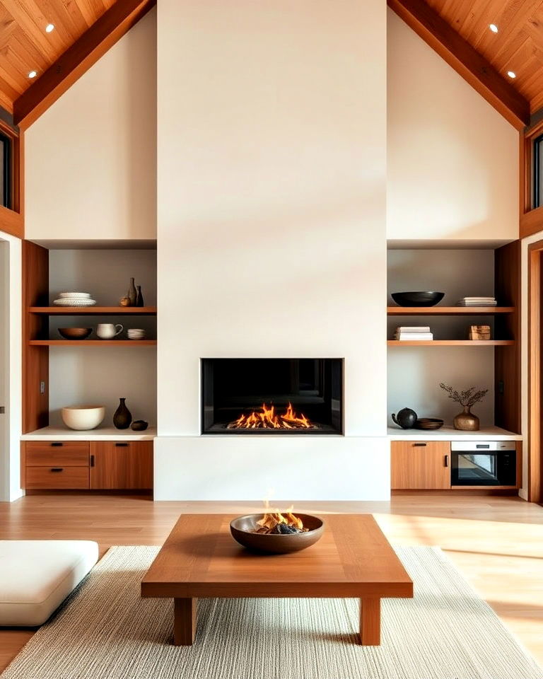 frameless fireplace in a chic japanese inspired kitchen