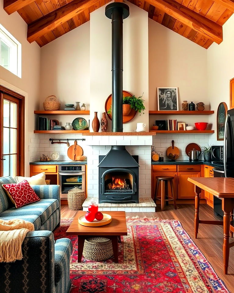 freestanding fireplace in a creative bohemian kitchen