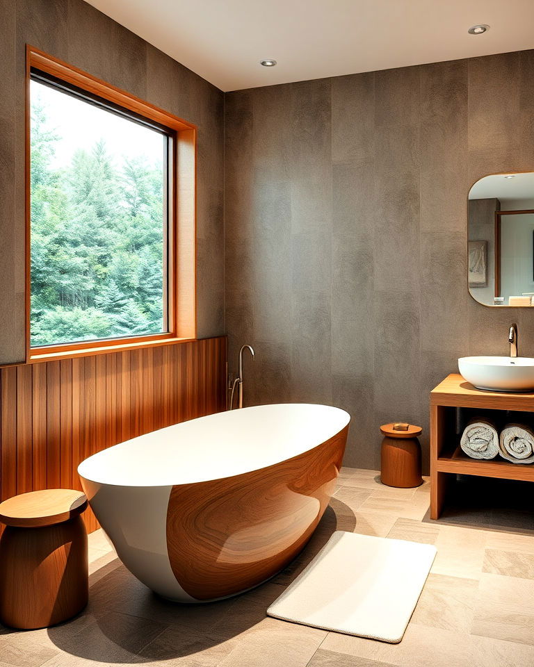 freestanding tub with wooden accents