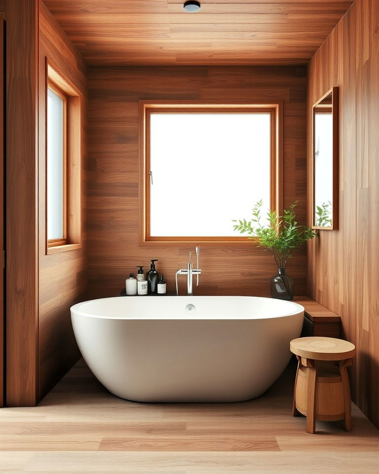 freestanding white tub with brown wood surround