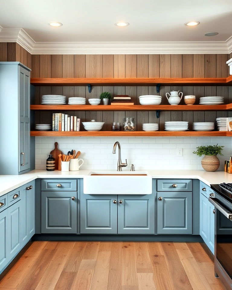french blue cabinets with open wood shelves