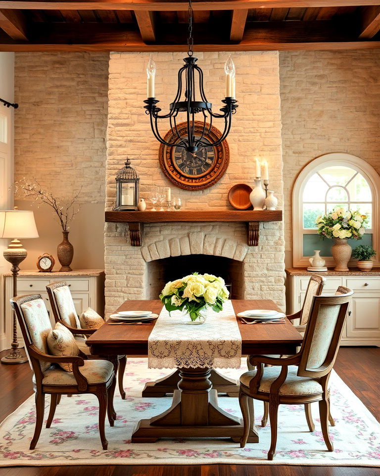 french country dining room with stone fireplace