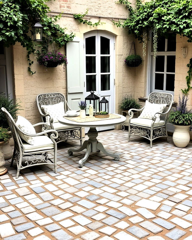 french country style cobblestone patio
