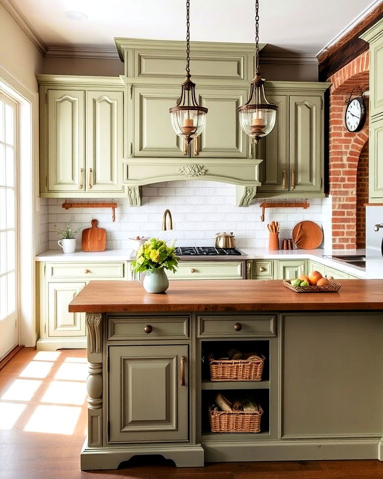 french country style kitchen with sage green cabinets