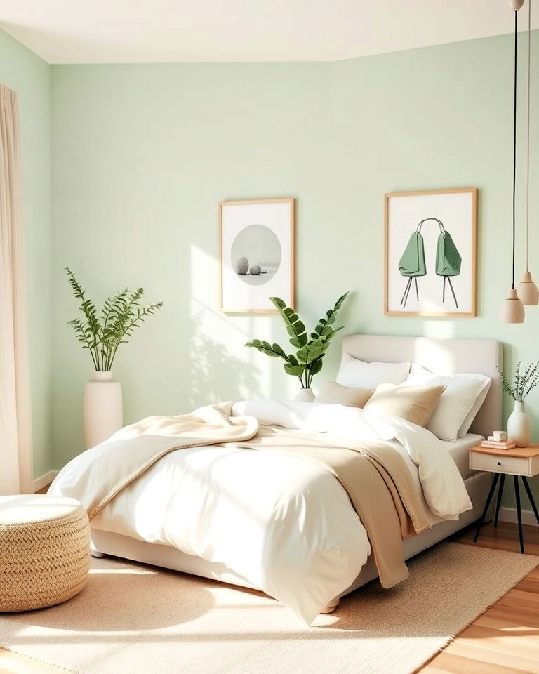 fresh and inviting pale mint and cream bedroom