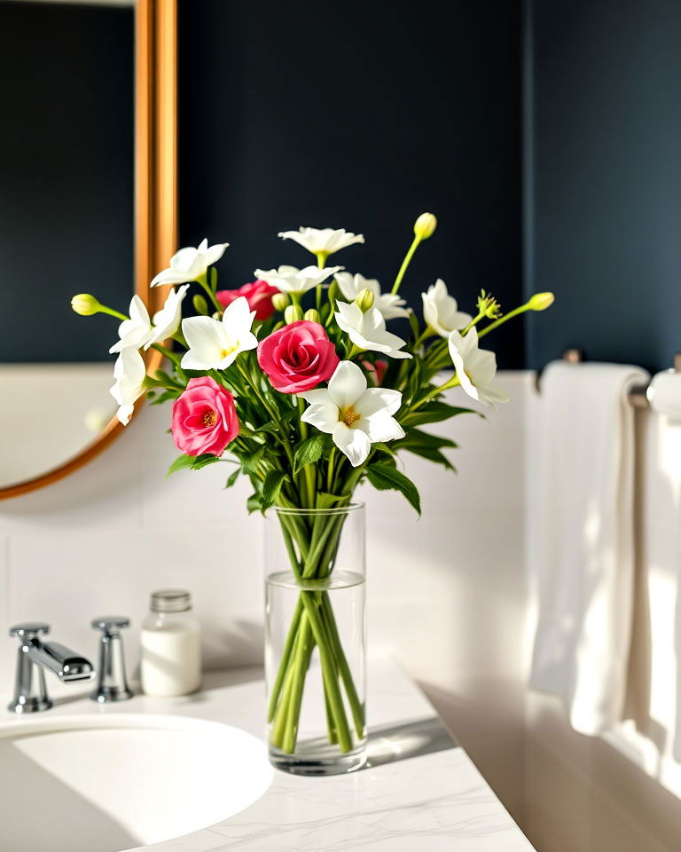 fresh flowers for a pop of color in bathroom