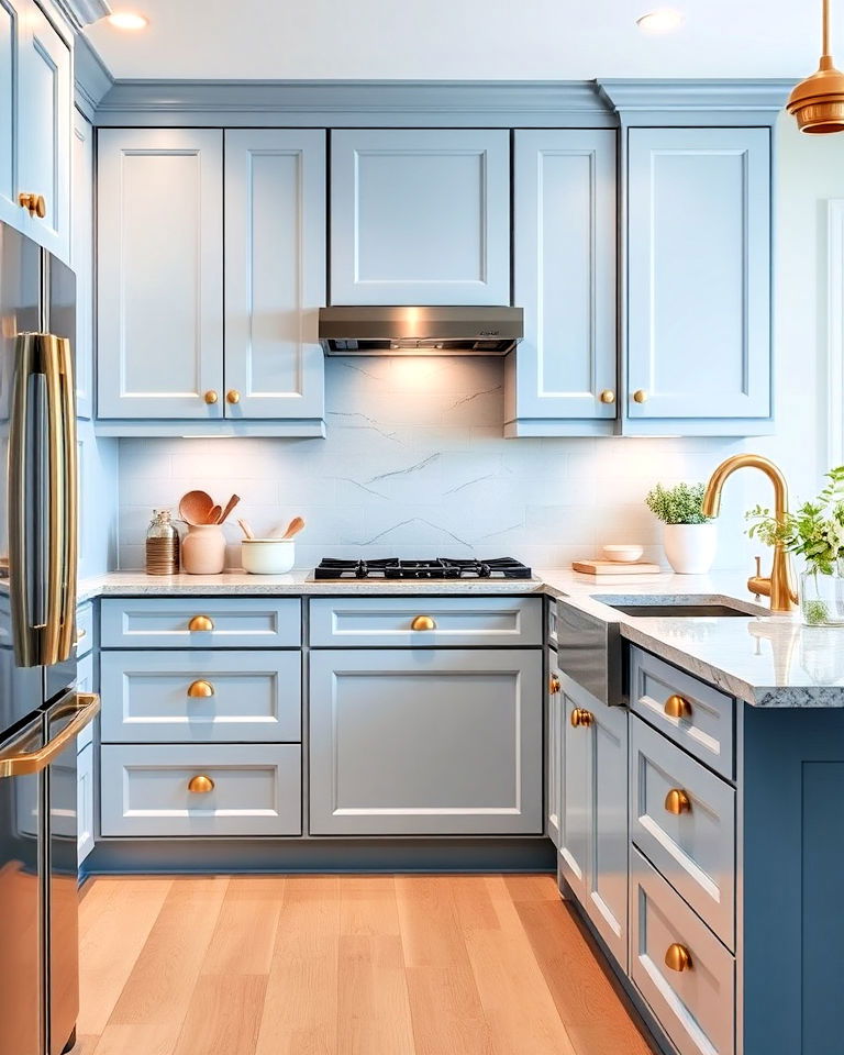 frosted blue cabinets with satin gold knobs