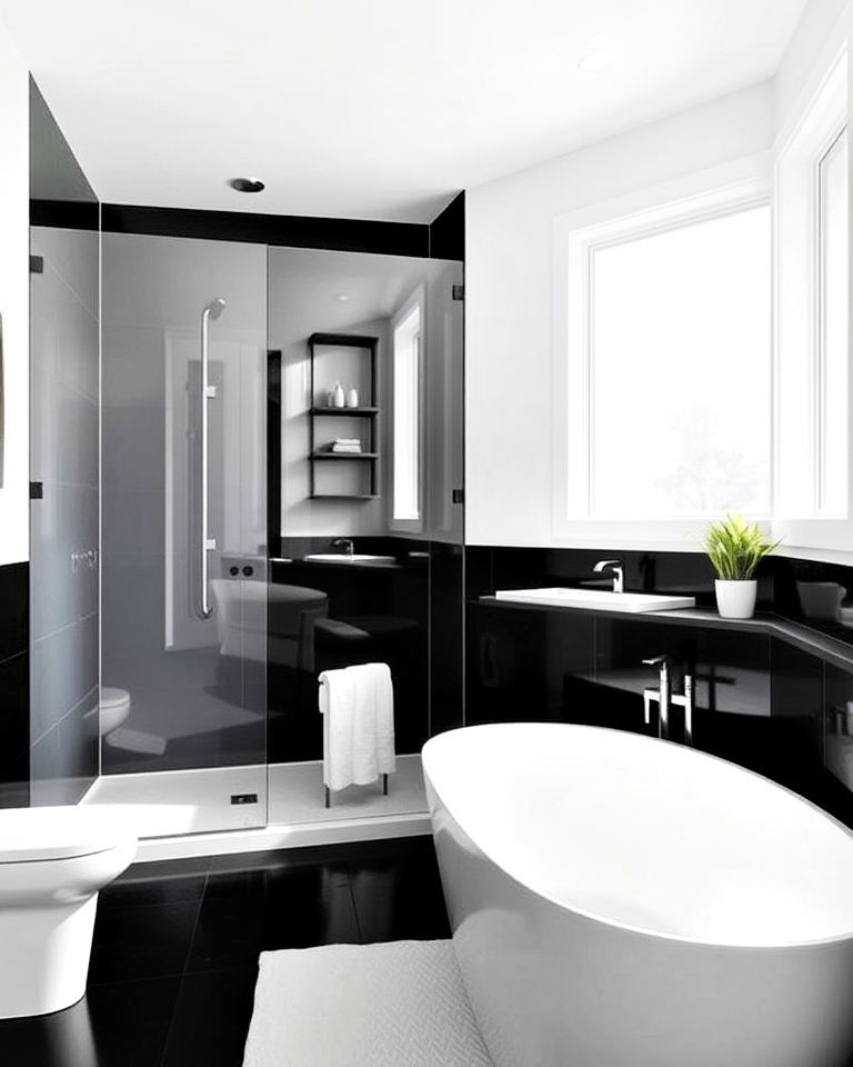 frosted glass elements for black floor bathroom with white walls